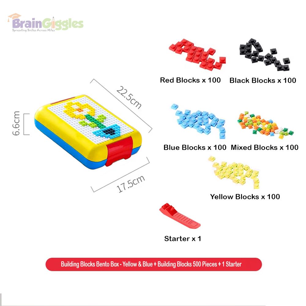 Brain Giggles - Bento Lunch Box With 4 Compartments And Building Blocks - Yellow/Blue