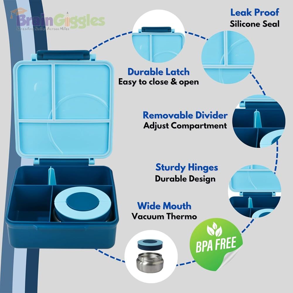 برين جيغلز - صندوق غداء بينتو معزول للأطفال 1600 مل - أزرق 