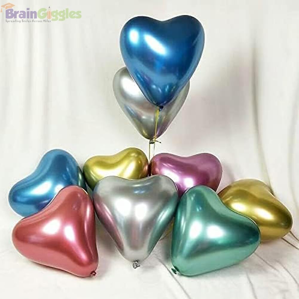 Brain Giggles - Birthday Party Metallic Latex Colorful Heart Shaped Balloons - 10 Inch - 20 Pcs