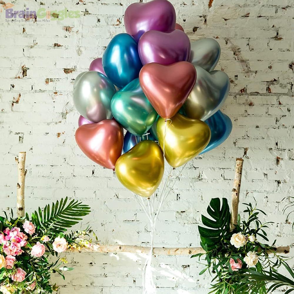 Brain Giggles - Birthday Party Metallic Latex Colorful Heart Shaped Balloons - 10 Inch - 20 Pcs