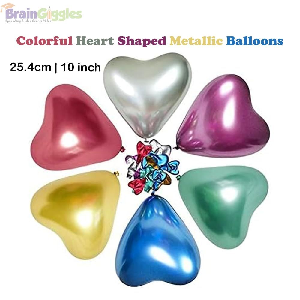 Brain Giggles - Birthday Party Metallic Latex Colorful Heart Shaped Balloons - 10 Inch - 20 Pcs