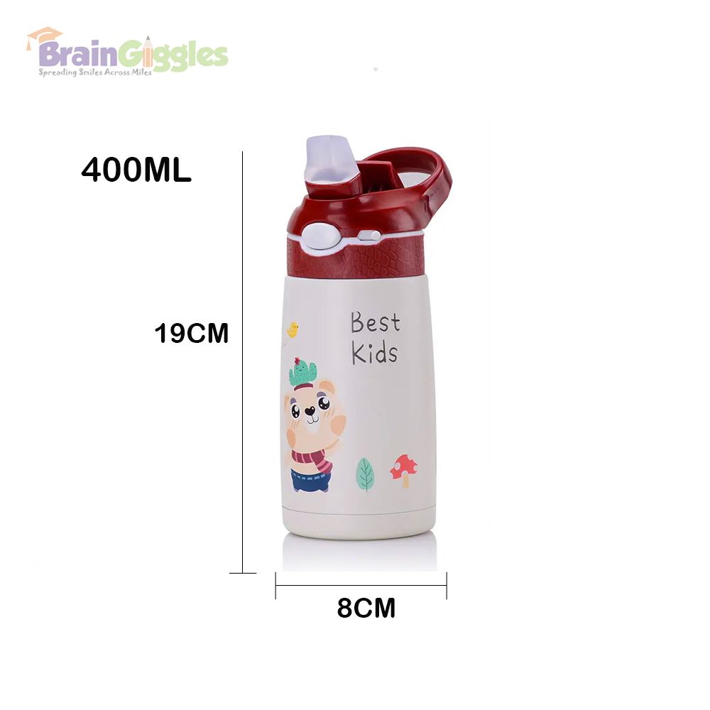 Brain Giggles - Stainless Steel Best Kids Water Bottle With Straw And Handle - Brown - 400ml