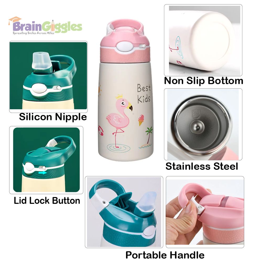 Brain Giggles - Stainless Steel Best Kids Water Bottle With Straw And Handle - Green - 400ml