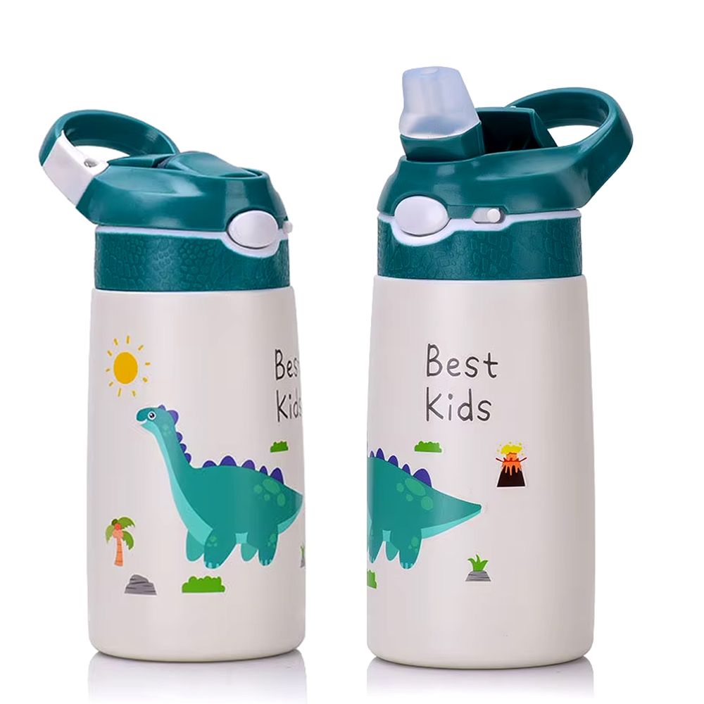 Brain Giggles - Stainless Steel Best Kids Water Bottle With Straw And Handle - Green - 400ml