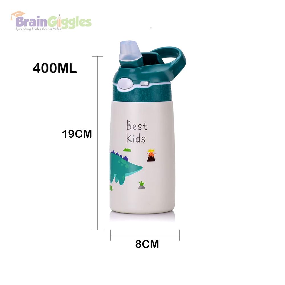 Brain Giggles - Stainless Steel Best Kids Water Bottle With Straw And Handle - Green - 400ml