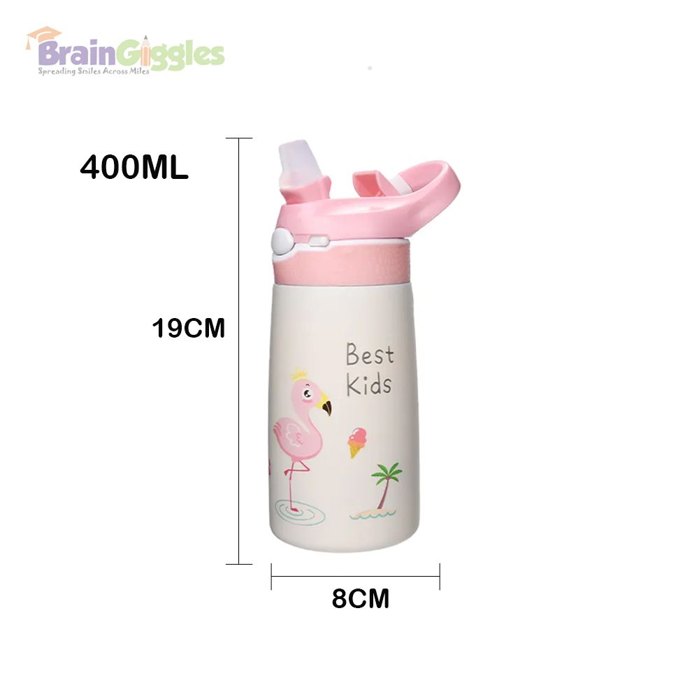 Brain Giggles - Stainless Steel Best Kids Water Bottle With Straw And Handle - Pink - 400ml