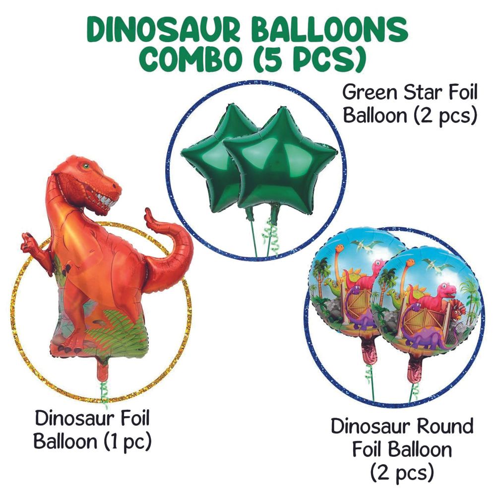 BrainGiggles - Dinosaur Themed Birthday Party Decorations Foil Balloons Set - 5 Pcs