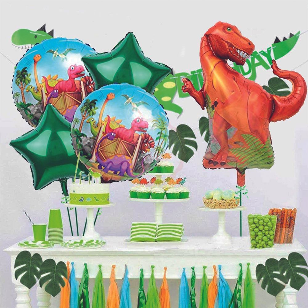 BrainGiggles - Dinosaur Themed Birthday Party Decorations Foil Balloons Set - 5 Pcs