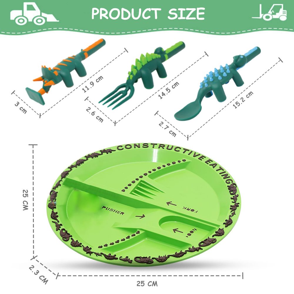 Eazy Kids - Eating Plate With Spoon, Fork And Pusher - Dinosaur