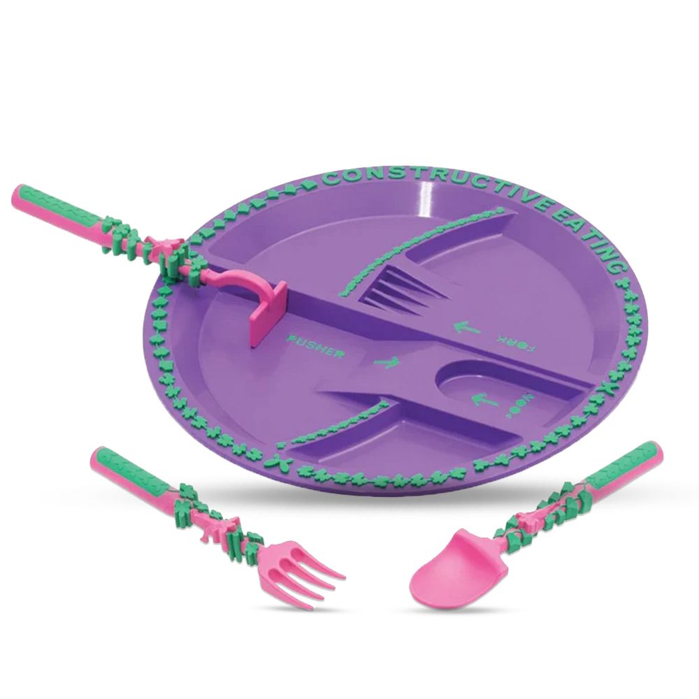 Eazy Kids - Eating Plate With Spoon, Fork And Pusher - Purple