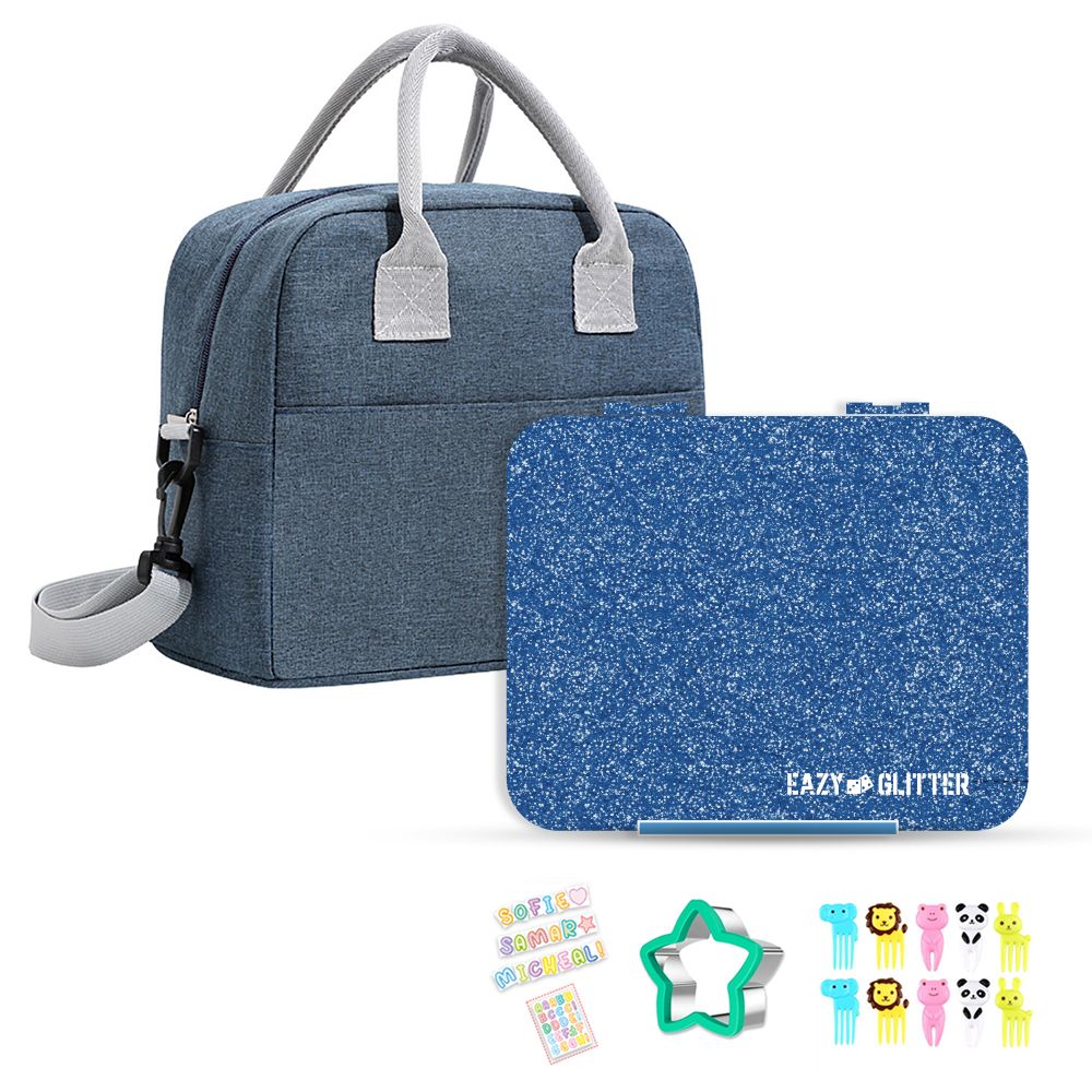 Eazy Kids - Bento Lunch Box With Lunch Bag And Accessory Set - Glitter Blue