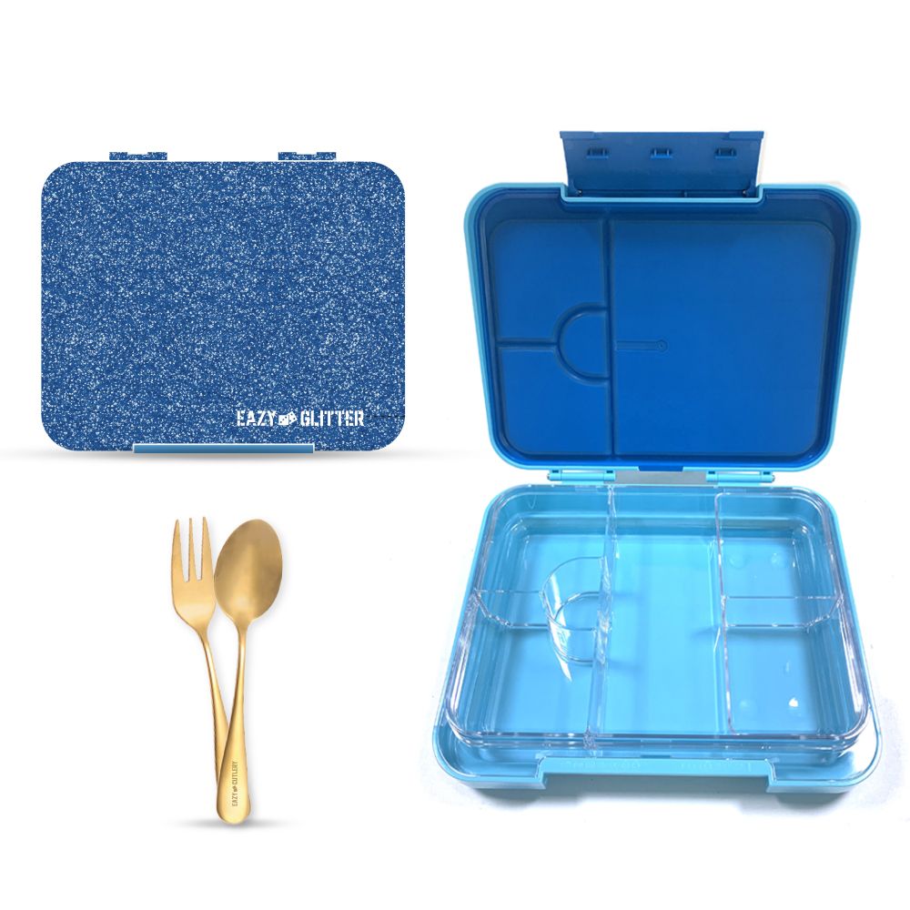 Eazy Kids - Bento Lunch Box With Lunch Bag And Accessory Set - Glitter Blue