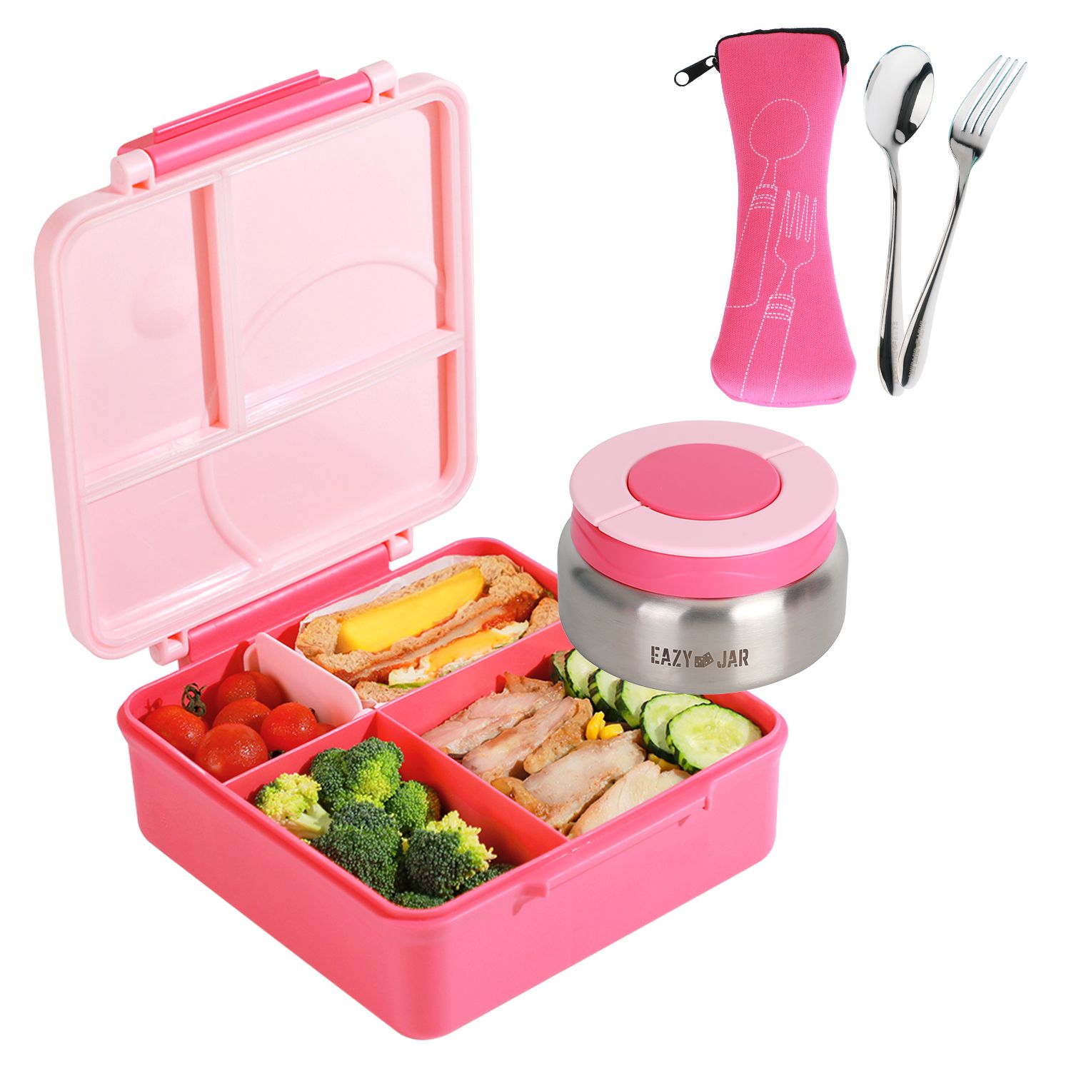 Eazy Kids - Jumbo Lunch Box With Lunch Bag And Cutlery Set - Pink