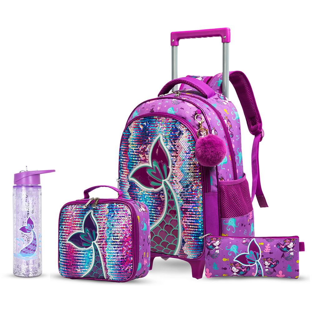 Eazy Kids - Mermaid School Trolley And Lunch Kit Set - Glitter Purple - 4pcs