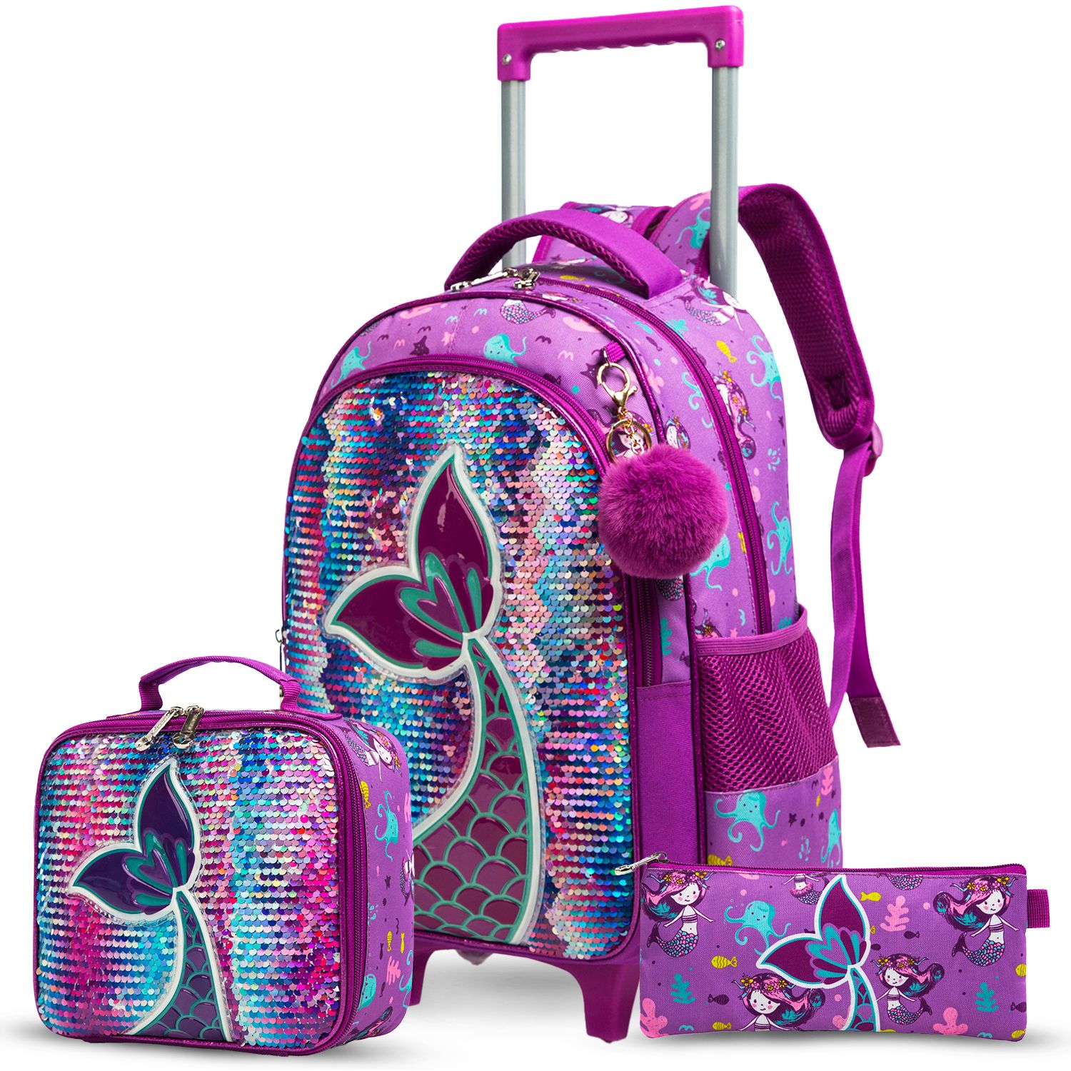 Eazy Kids - Mermaid School Trolley And Lunch Kit Set - Glitter Purple - 4pcs