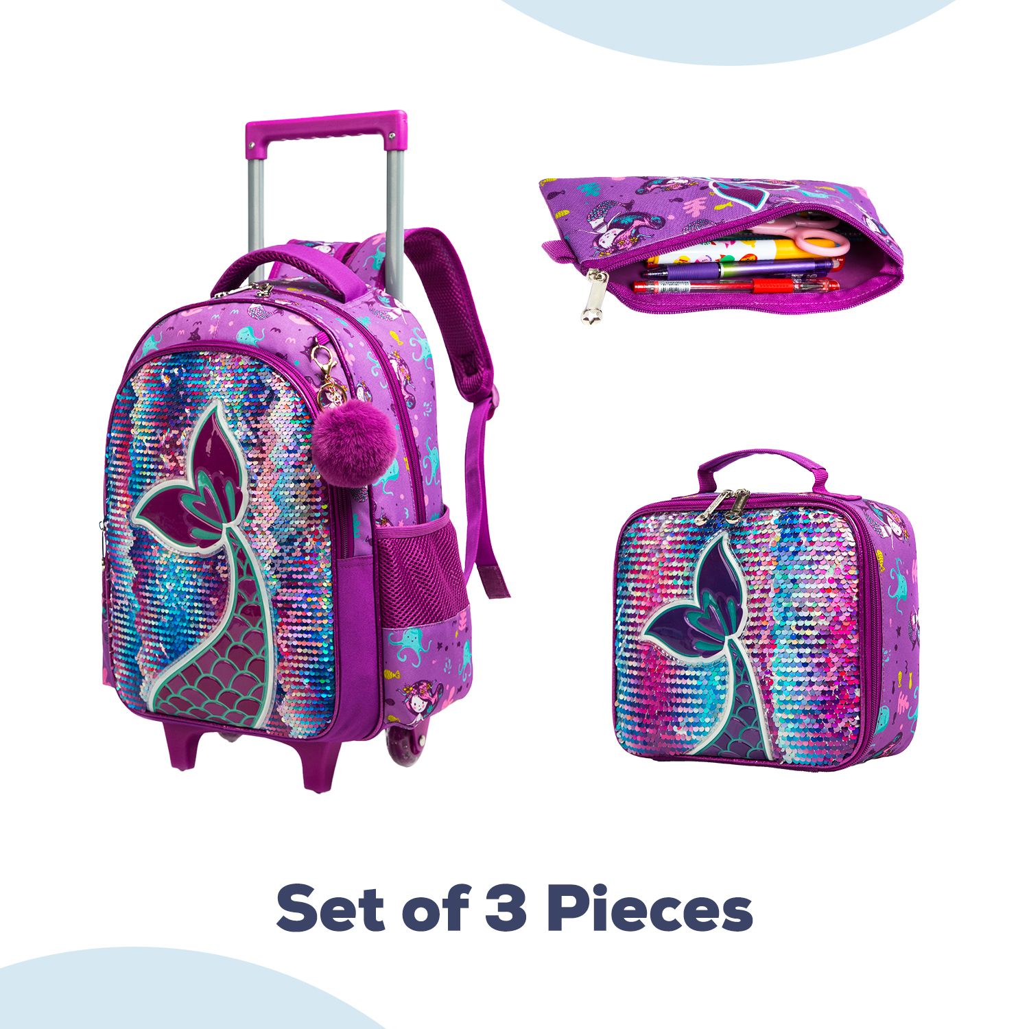 Eazy Kids - Mermaid School Trolley And Lunch Kit Set - Glitter Purple - 4pcs