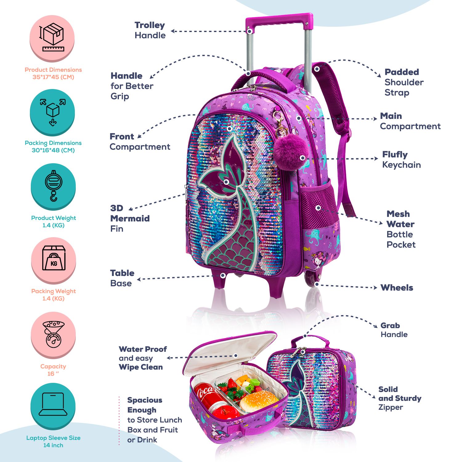 Eazy Kids - Mermaid School Trolley And Lunch Kit Set - Glitter Purple - 4pcs