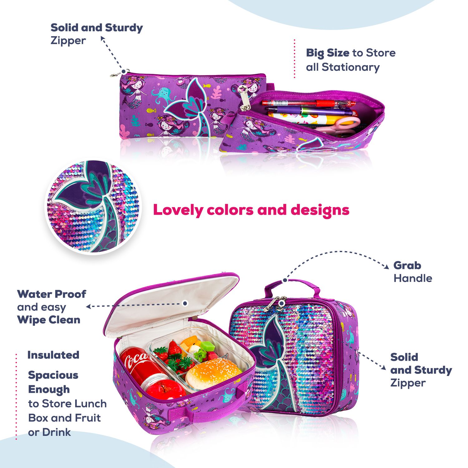 Eazy Kids - Mermaid School Trolley And Lunch Kit Set - Glitter Purple - 4pcs