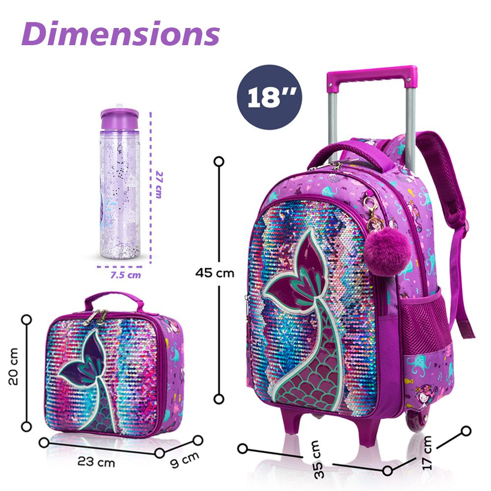 Eazy Kids - Mermaid School Trolley And Lunch Kit Set - Glitter Purple - 4pcs