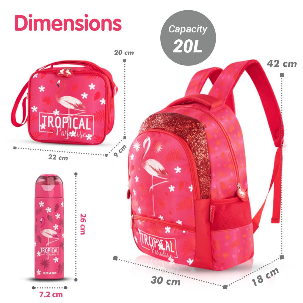 Eazy Kids - School Backpack With Lunch Kit Set - Tropical Pink - 4pcs