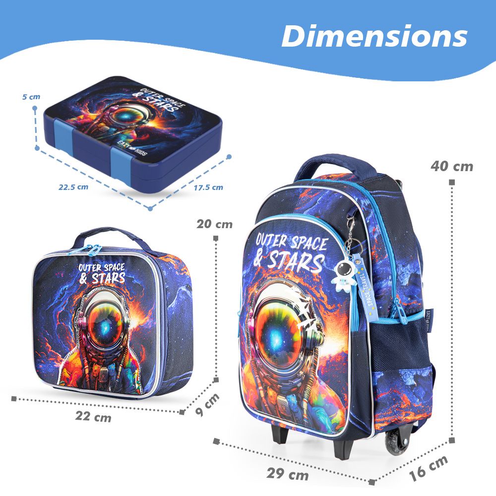 Eazy Kids - School Trolley Bag With Lunch Kit And Accessory Set - Outer Space