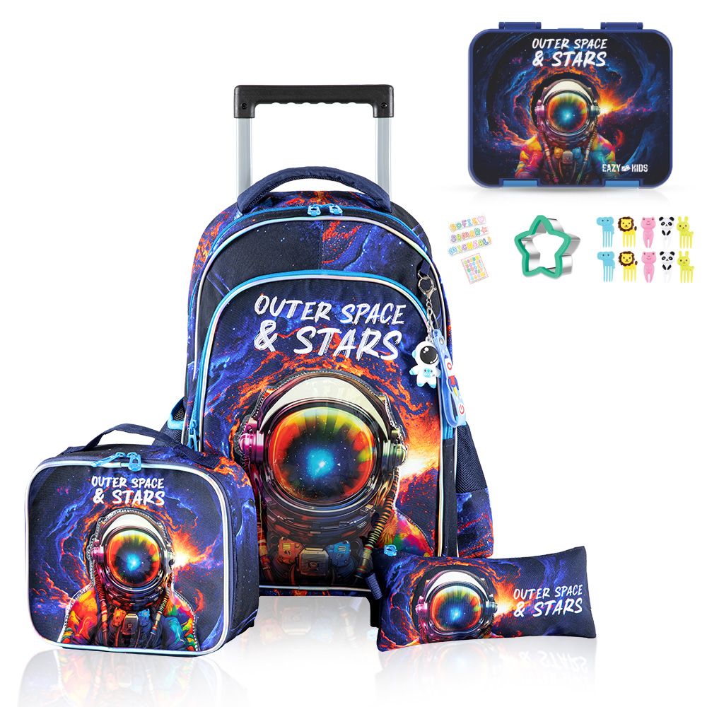 Eazy Kids - School Trolley Bag With Lunch Kit And Accessory Set - Outer Space