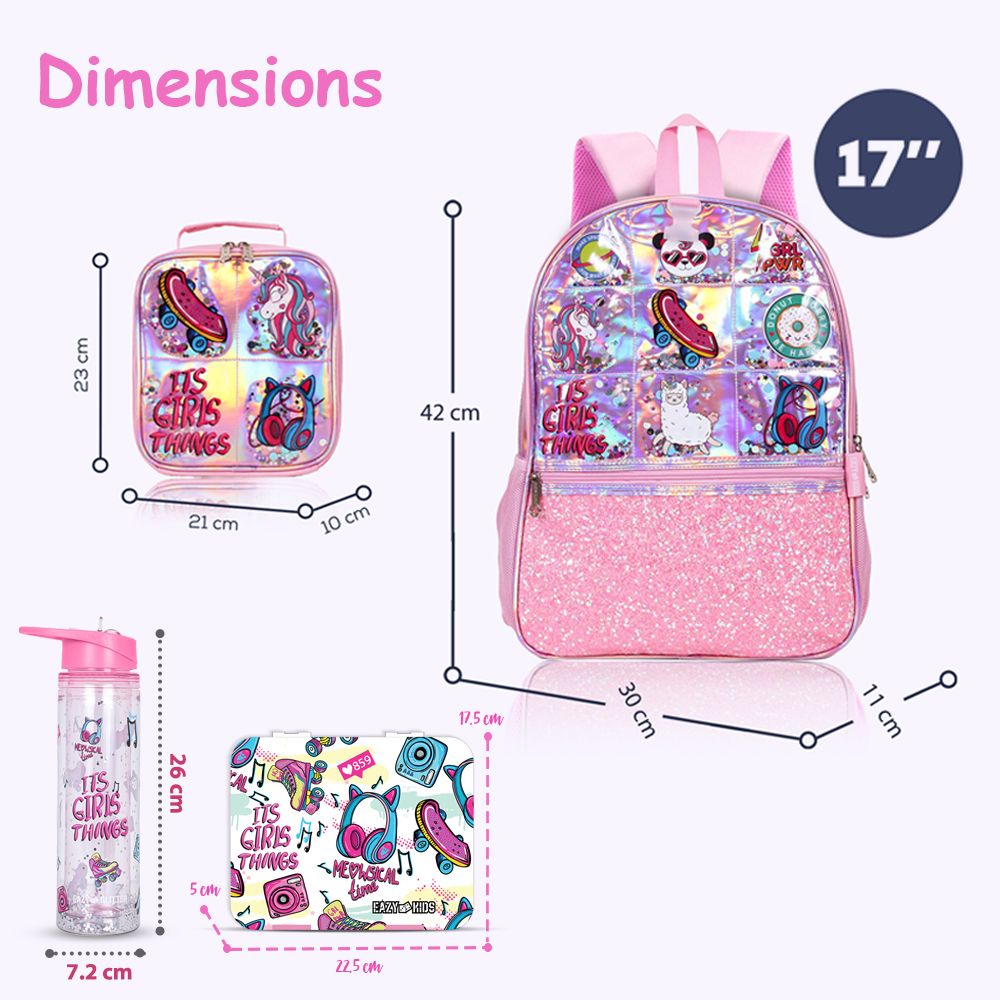 Eazy Kids - Girl Thing School Backpack And Accessory Set - Glitter Pink - 5pcs