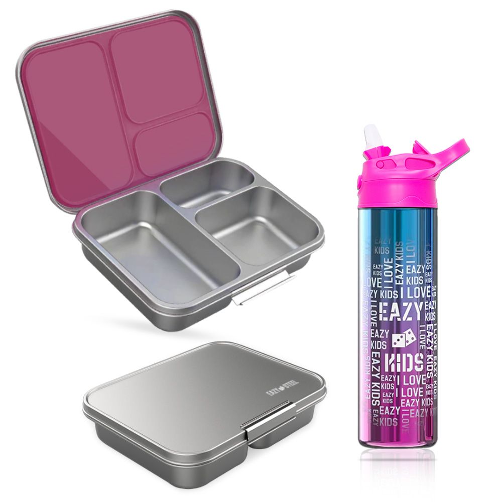 Eazy Kids - Stainless Steel Bento Box And Water Bottle Set - Pink - 2pcs