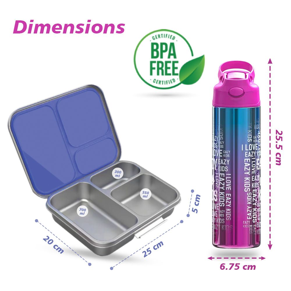 Eazy Kids - Stainless Steel Bento Box And Water Bottle Set - Purple - 2pcs