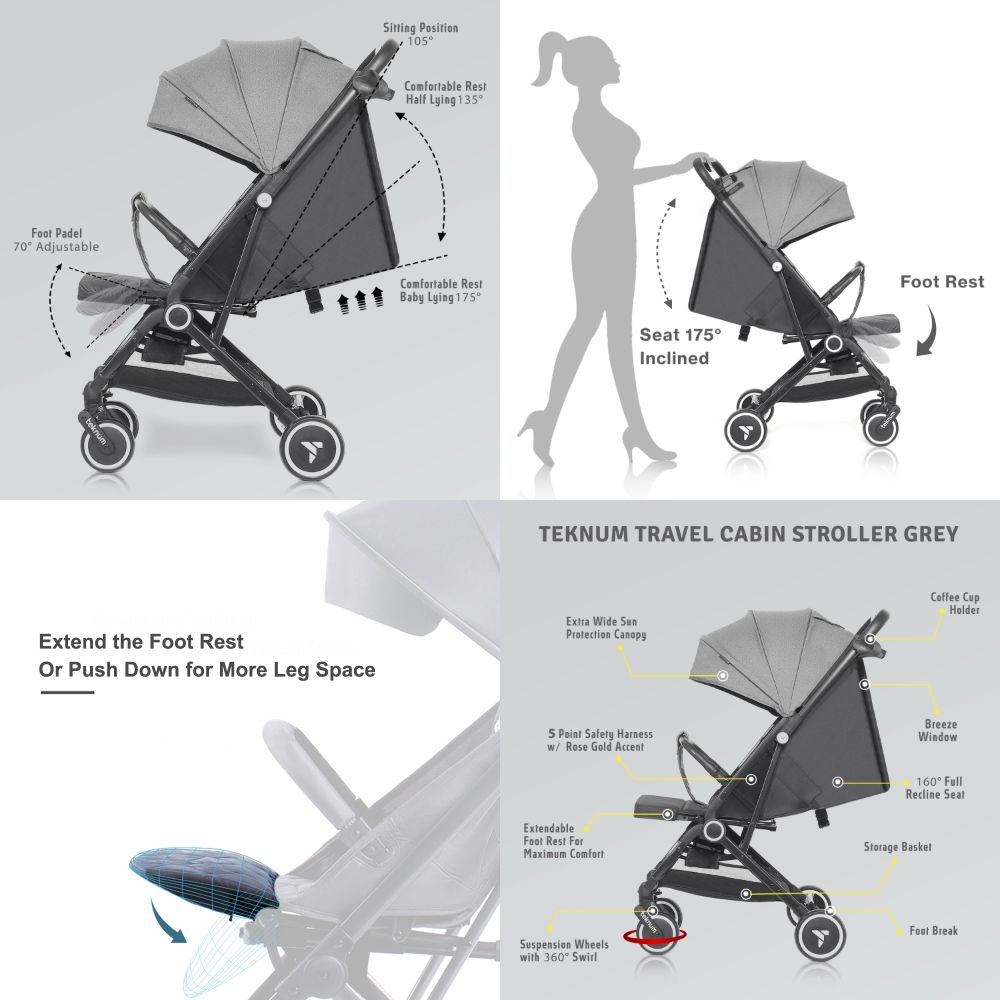 Teknum - Travel Cabin Stroller With Diaper Bag And Cup Holder - Grey