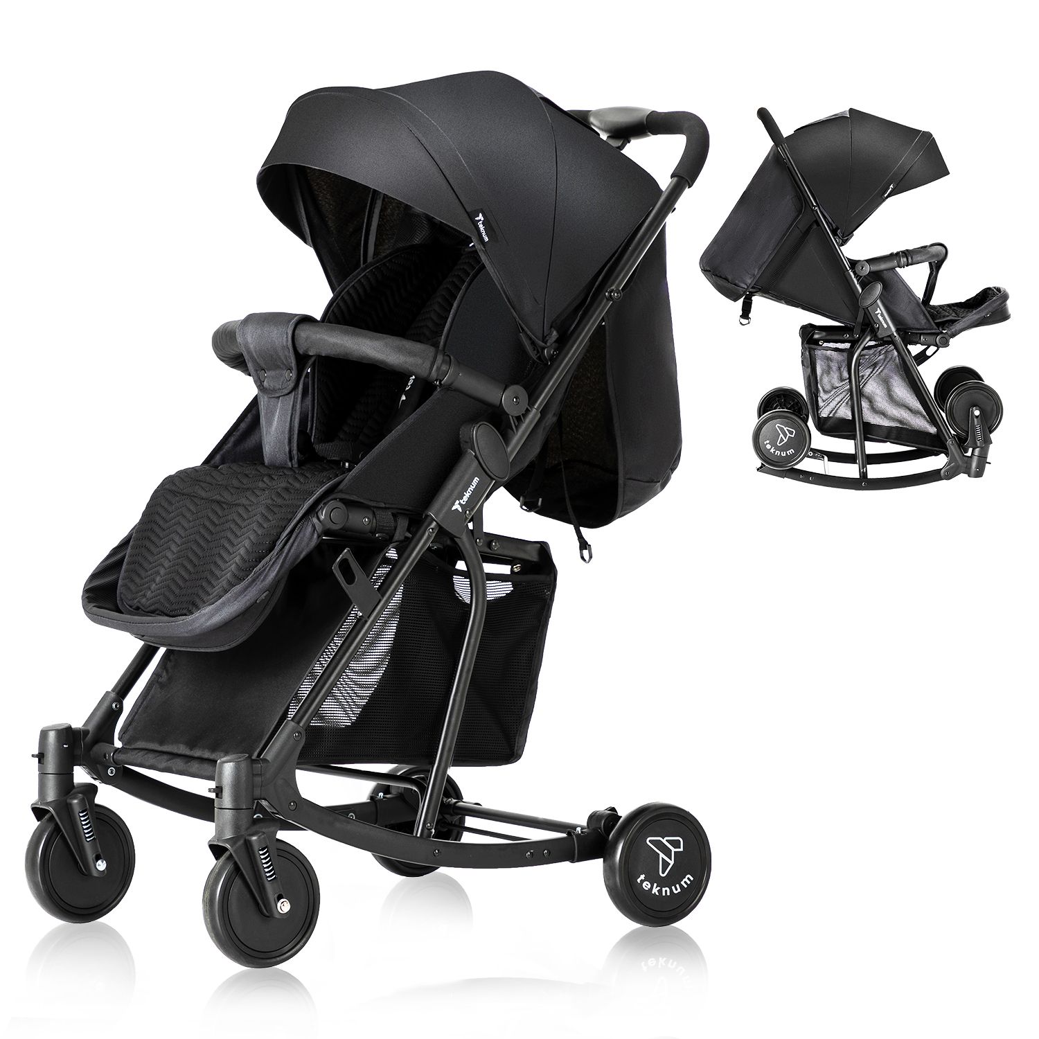 Teknum - Stroller with Rocker And Green Diaper Tote Bag- Black