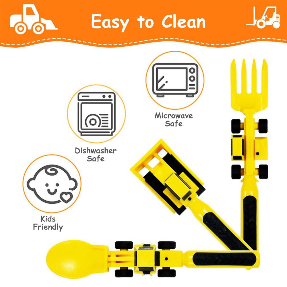 Eazy Kids - Spoon, Fork And Pusher Set - Truck - Yellow