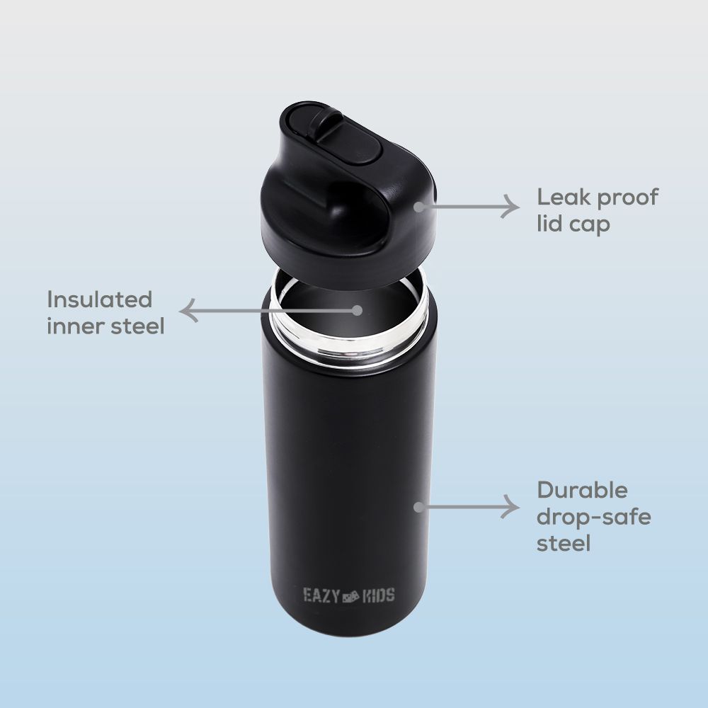 Eazy Kids - Insulated Stainless Steel Sports Water Bottle - 550ml - Black