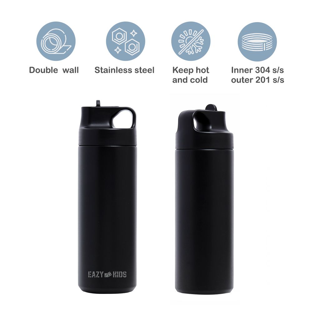 Eazy Kids - Insulated Stainless Steel Sports Water Bottle - 550ml - Black