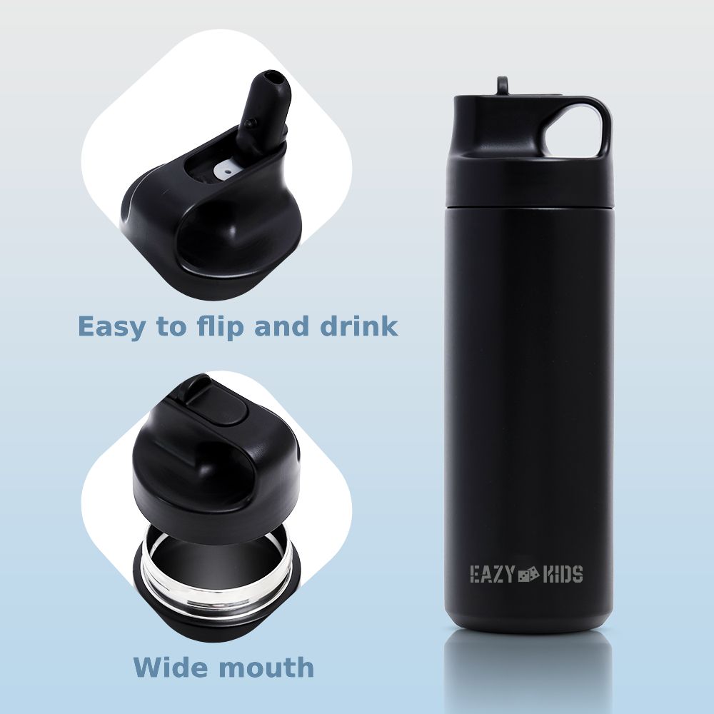 Eazy Kids - Insulated Stainless Steel Sports Water Bottle - 550ml - Black