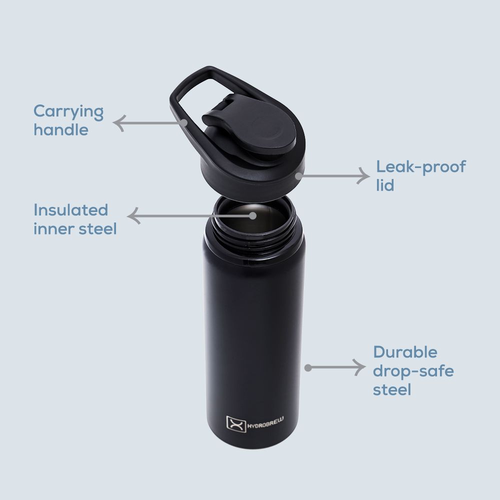 Hydrobrew - Stainless Steel Sports Water Bottle 700ml - Black