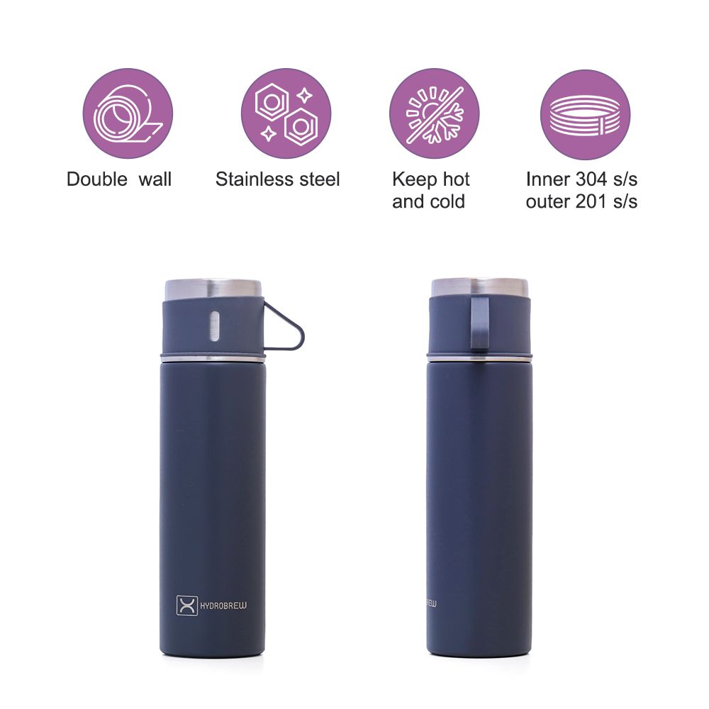 Hydrobrew - Insulated Vacuum Flask 500ml with 2x150ml Cup - Grey