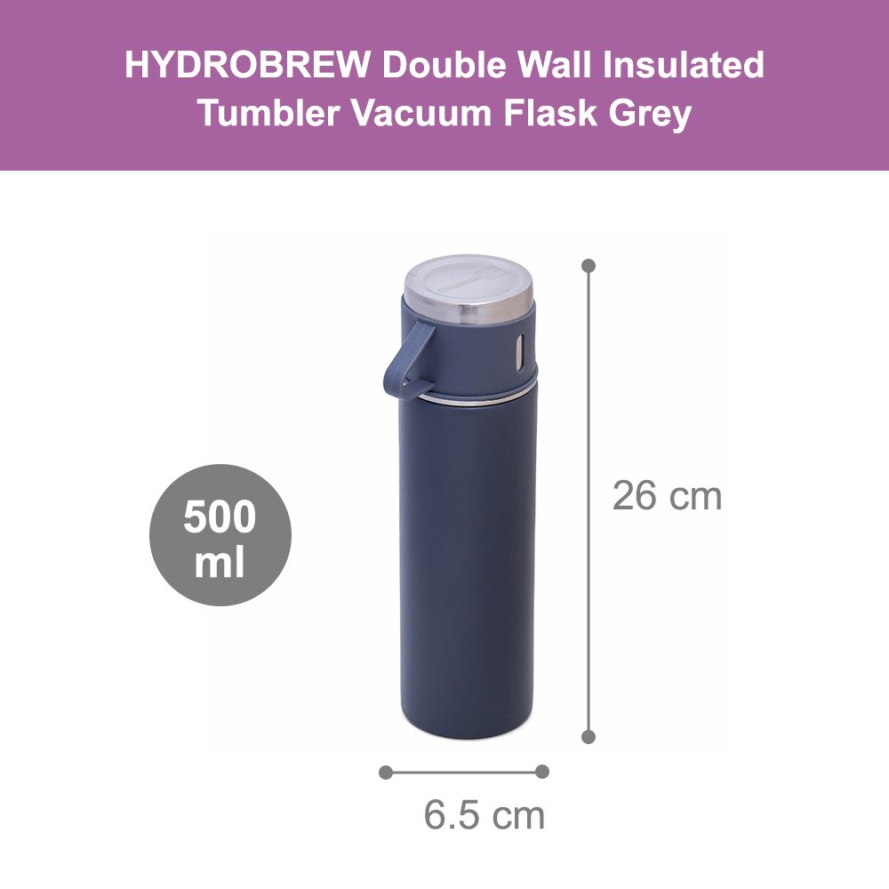 Hydrobrew - Insulated Vacuum Flask 500ml with 2x150ml Cup - Grey