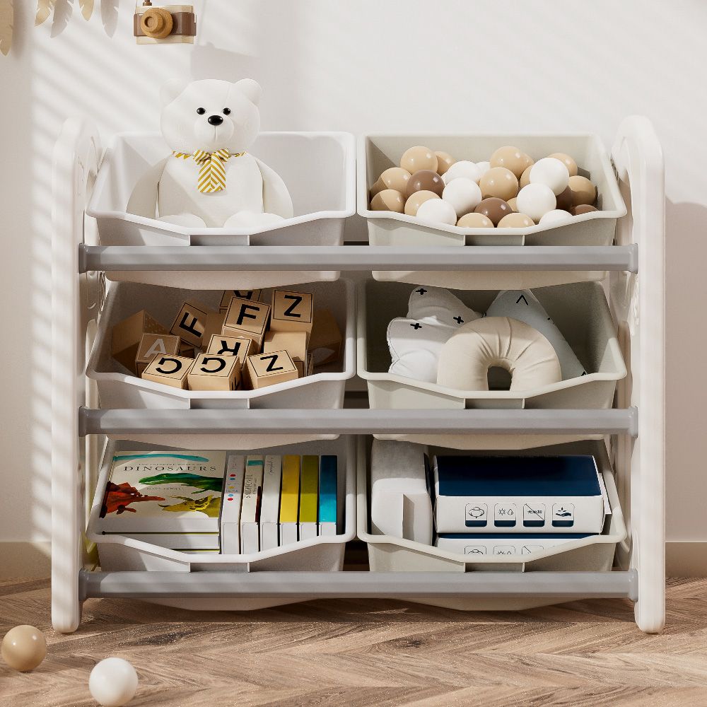 Little Story - Kids Toys Storage Shelf With 6 Boxes - White/Grey