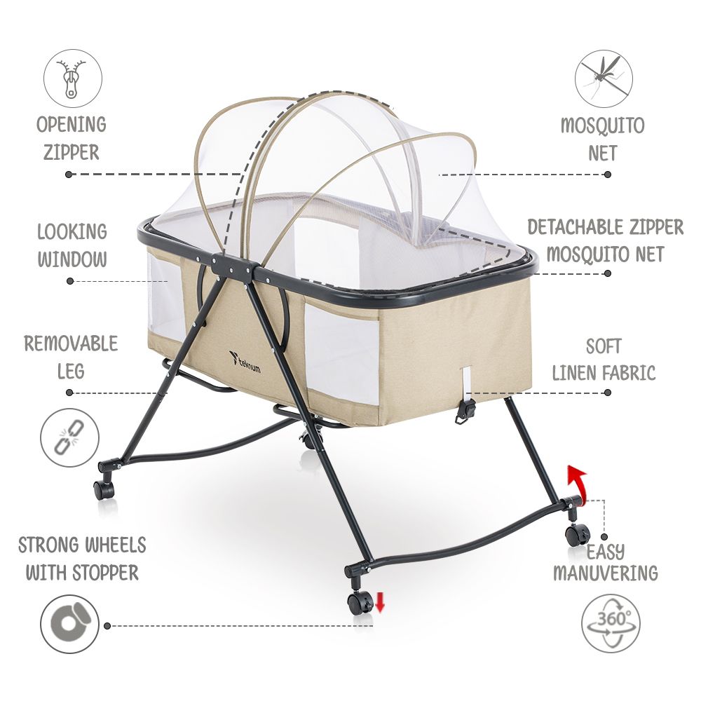 Teknum - 3-in-1 Baby Cot, Cradle With Mosquito Net - Ivory