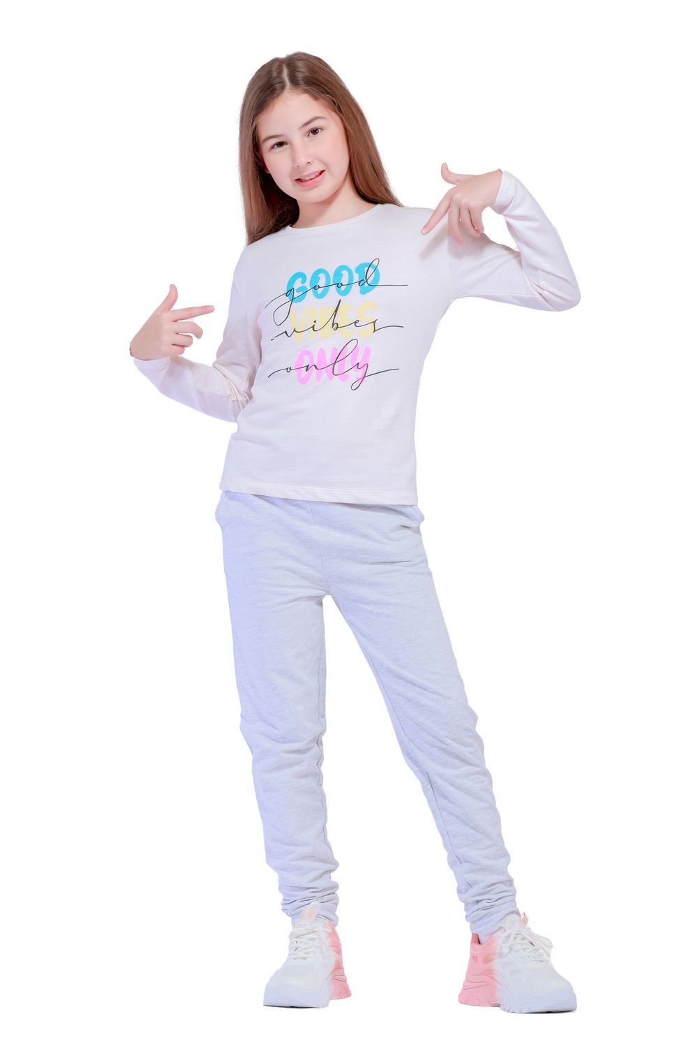 Nuego - Kids Girl T-Shirt and Joggers Set - Grey & White