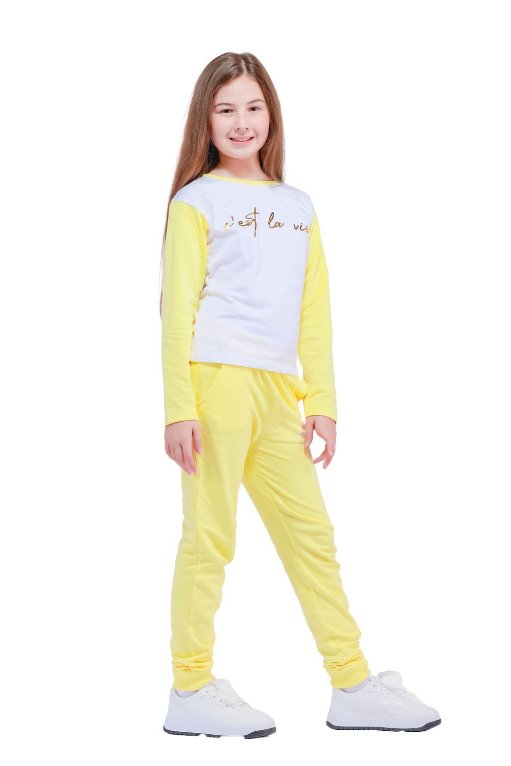 Nuego - Kids Girl T-Shirt and Joggers Set - Yellow & White