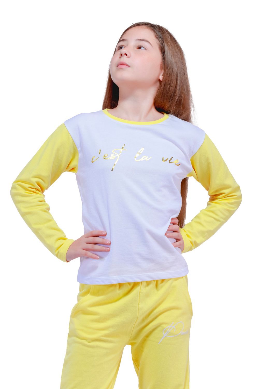 Nuego - Kids Girl T-Shirt and Joggers Set - Yellow & White