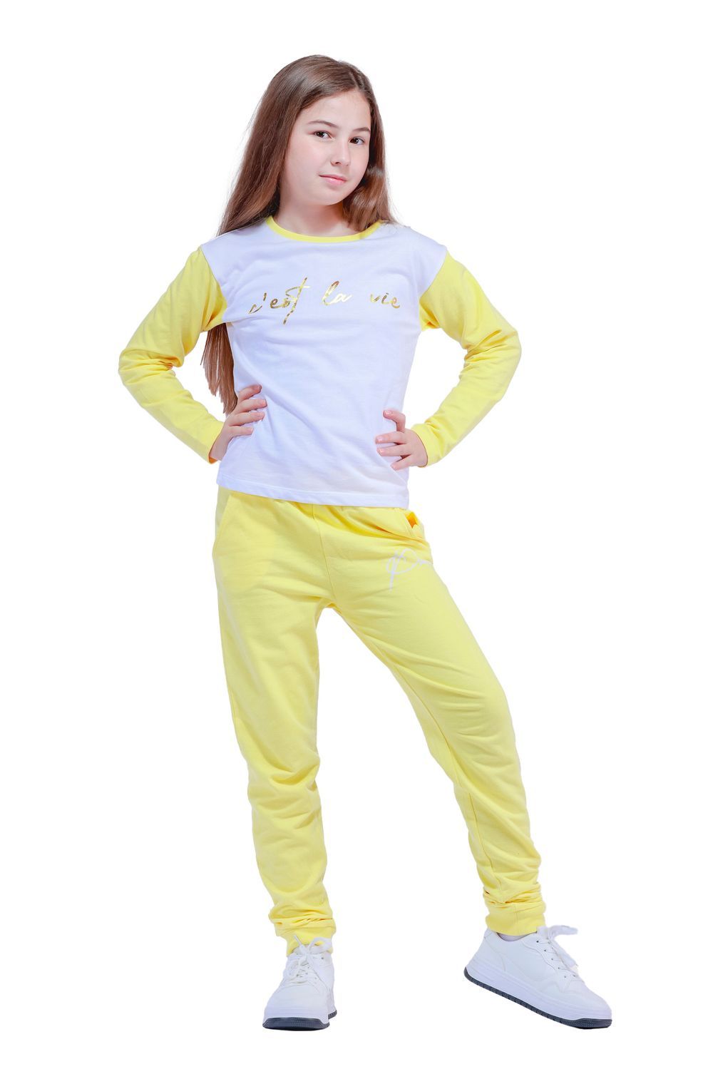 Nuego - Kids Girl T-Shirt and Joggers Set - Yellow & White