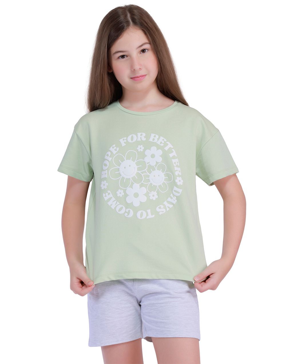 Nuego - Kids Girl Tee & Shorts Sets - Green & Grey