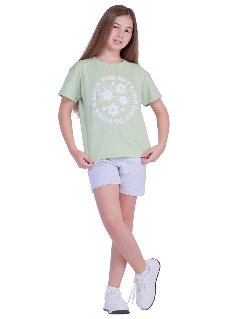 Nuego - Kids Girl Tee & Shorts Sets - Green & Grey