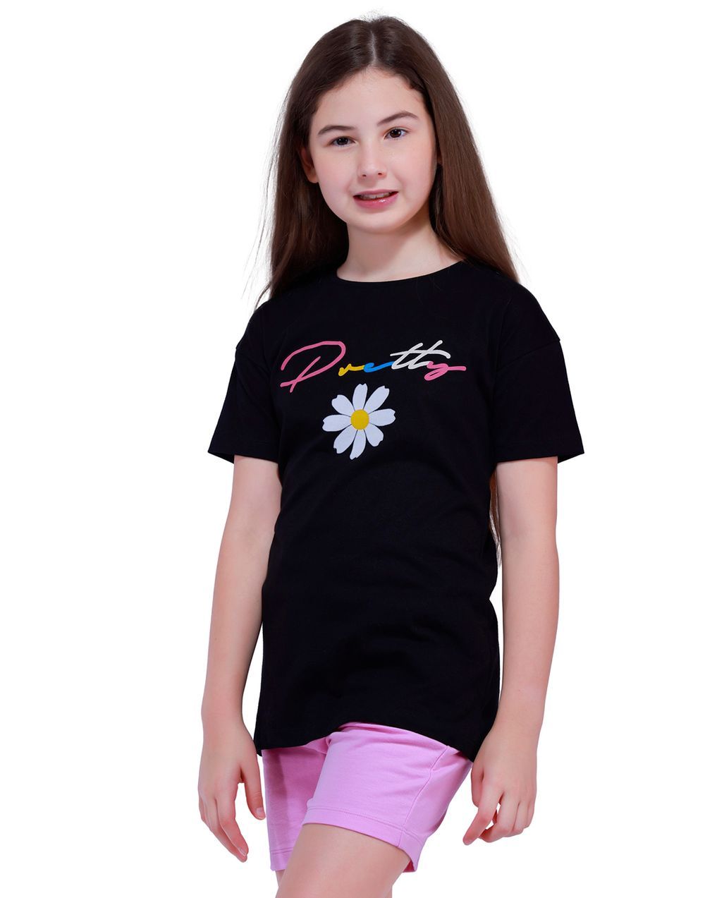 Nuego - Kids Girl Long Tops Tee & Shorts Set - Black & Pink