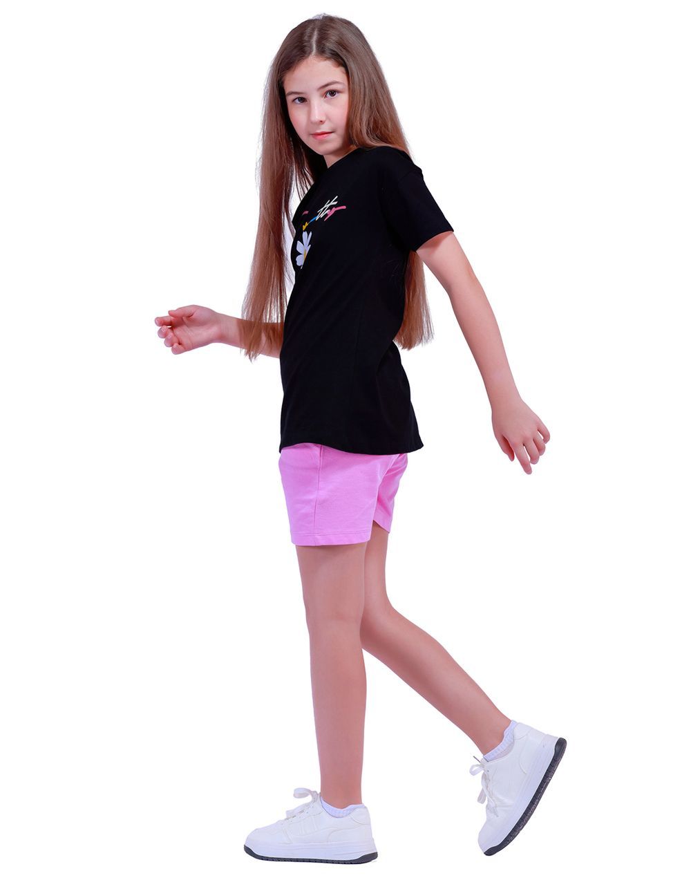 Nuego - Kids Girl Long Tops Tee & Shorts Set - Black & Pink