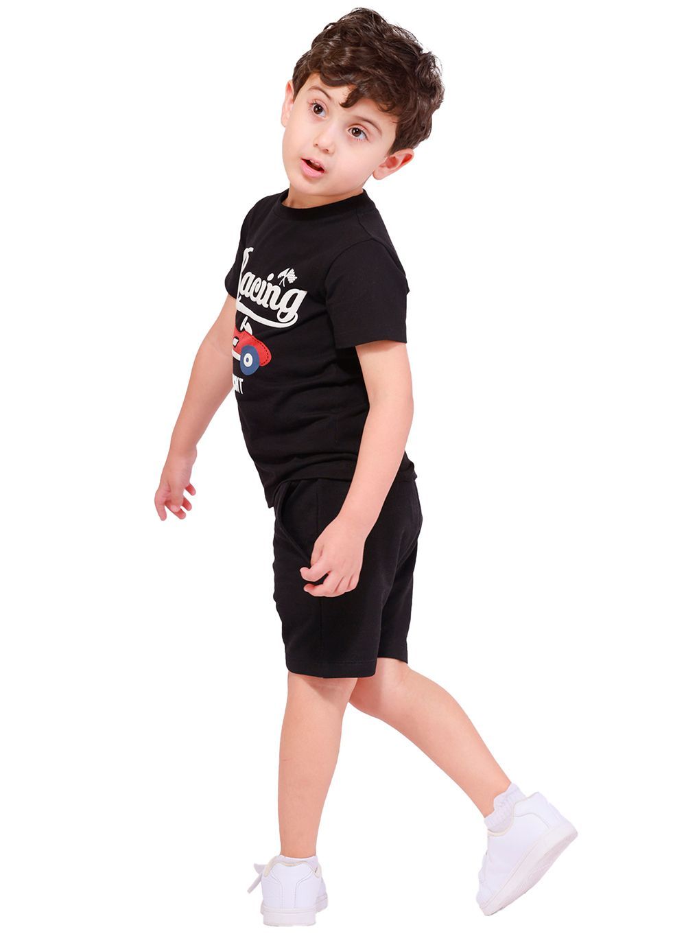 Nuego - 2pc-Set - Boy's Racing Circuit Printed T-Shirt And Shorts - Black