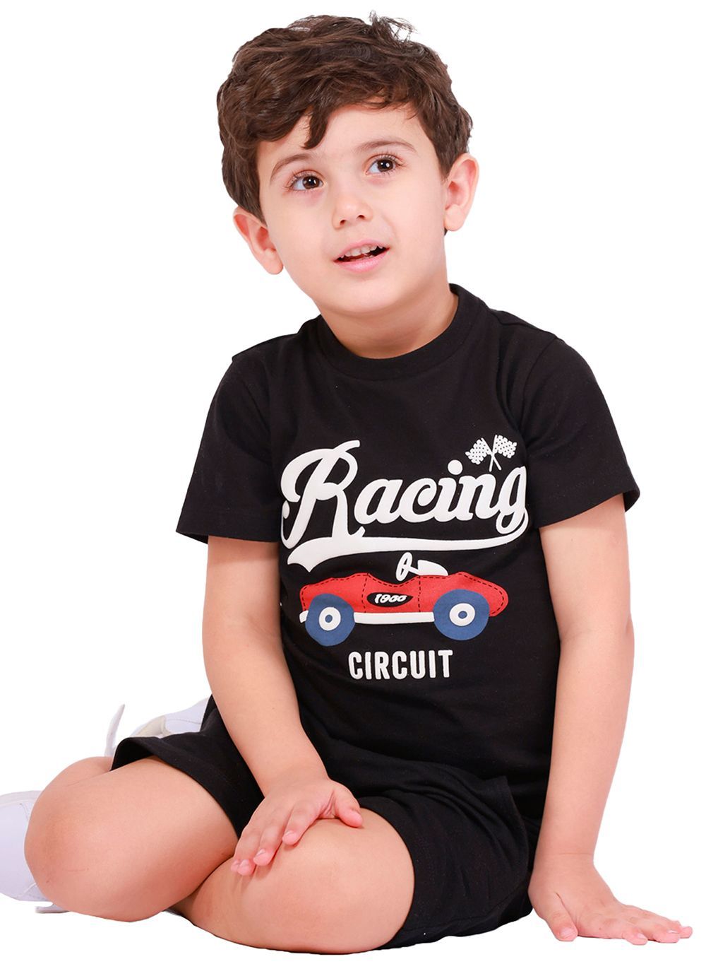 Nuego - 2pc-Set - Boy's Racing Circuit Printed T-Shirt And Shorts - Black